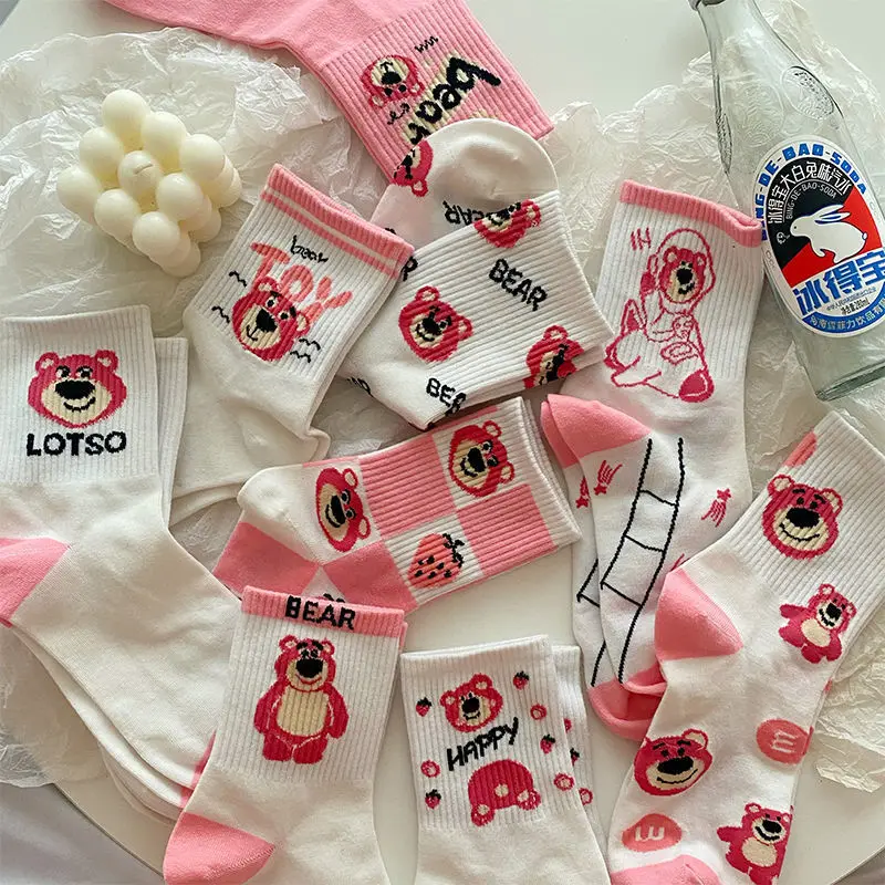 Модные белые розовые чулки с принтом Медвежонок в стиле Харадзюку | Чулки
