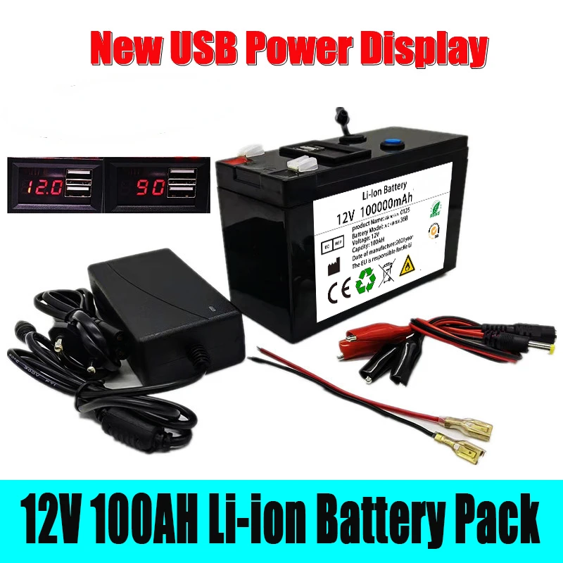 

LiFePO4 Lithium Battery 12V 100Ah Draagbare Oplaadbare Batterij Ingebouwde 5V 2.1A Usb Power Display Poort Opladen Met + Lading