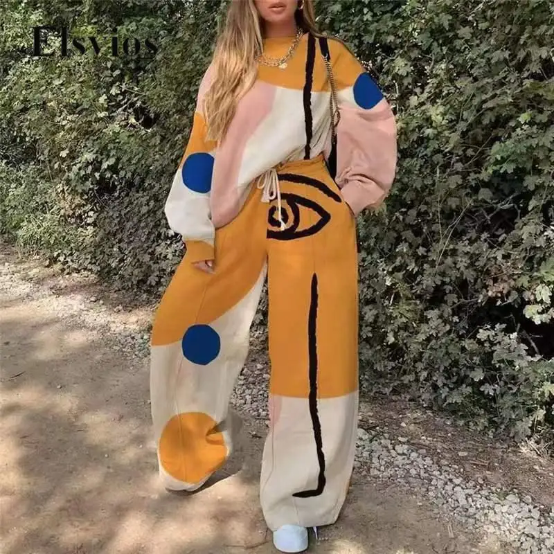 

Спортивный костюм Y2K женский с принтом, модный Свободный Повседневный пуловер с длинным рукавом и штаны с высокой талией и карманами, комплект из 2 предметов