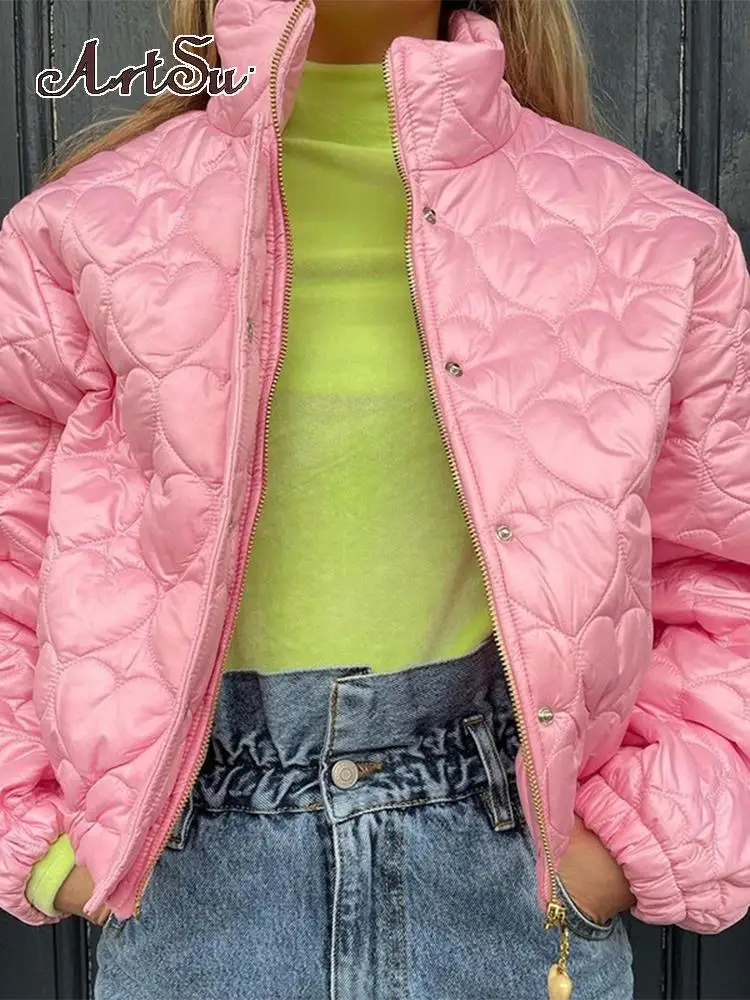 

ARTSU Winter Jackets for Women 2022 Streetwear Fashion Love Quilted Jacket Pink Green Cute Zip Up Coat Outerwear ASCO860