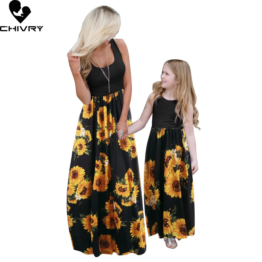 

New Mother Daughter Summer Dress Sleeveless Sunflower Print Patchwork Sundress Mom Mommy and Me Dress Family Matching Outfits