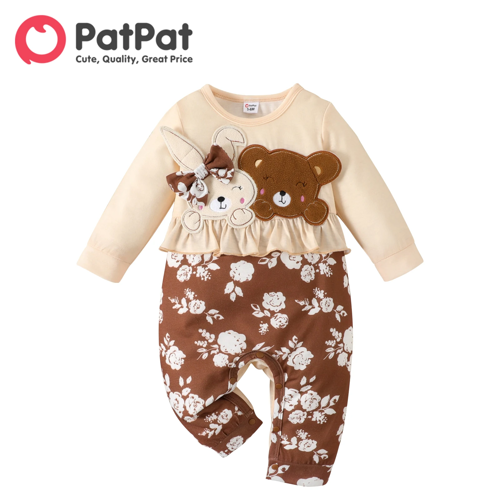 

PatPat Newborn Baby Girl Clothes Jumpsuits New Born Babies Items Overalls Bear Patched Ruffle Trim Spliced Faux-two Long-sleeve