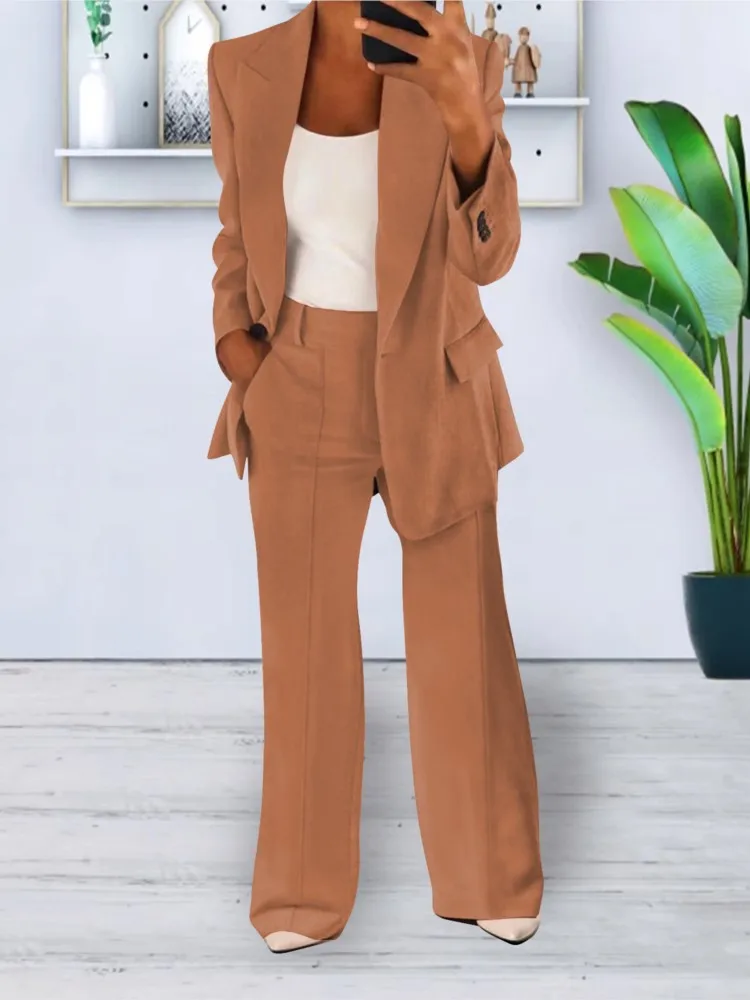 Autumn Winter Fashion Lapel Suit Coat 2pc Sets 2025 Office Lady Elegant V-Neck Jacket Full Sleeve Pocket Streetwear Jackets