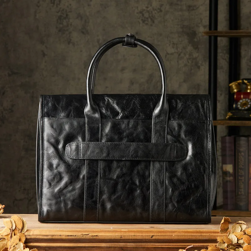 Vintage Fashion Designer Natural genuine Leather Men Black Pleated handmade Handbag Teen Office 14 Inch Laptop lawyer Briefcase
