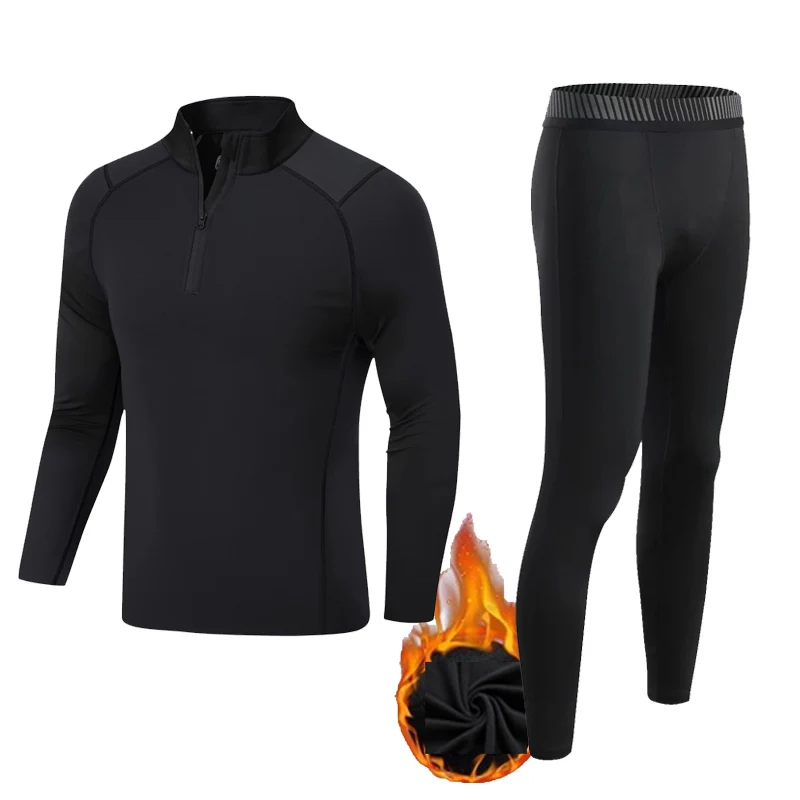 Winter Compression Underwear Warm Men's Fleece Second Skin Long Sleeve Shirt Black Zip Collar Sports Underwear Warm Base Layer