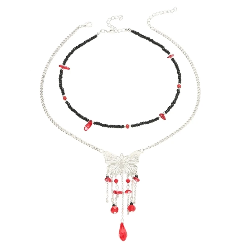 

E0BF Elegant Butterfly Tassels Necklace Double Layers Neckchain Halloween Funny Hip Hop Women's Neckwear Fashion Jewelry