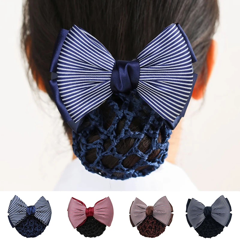

New Striped Bow Hair Net Barrette Women Hair Accessories Double Bows Satin Hair Clip Hair Bun Net Snood Headwear Bun Cover