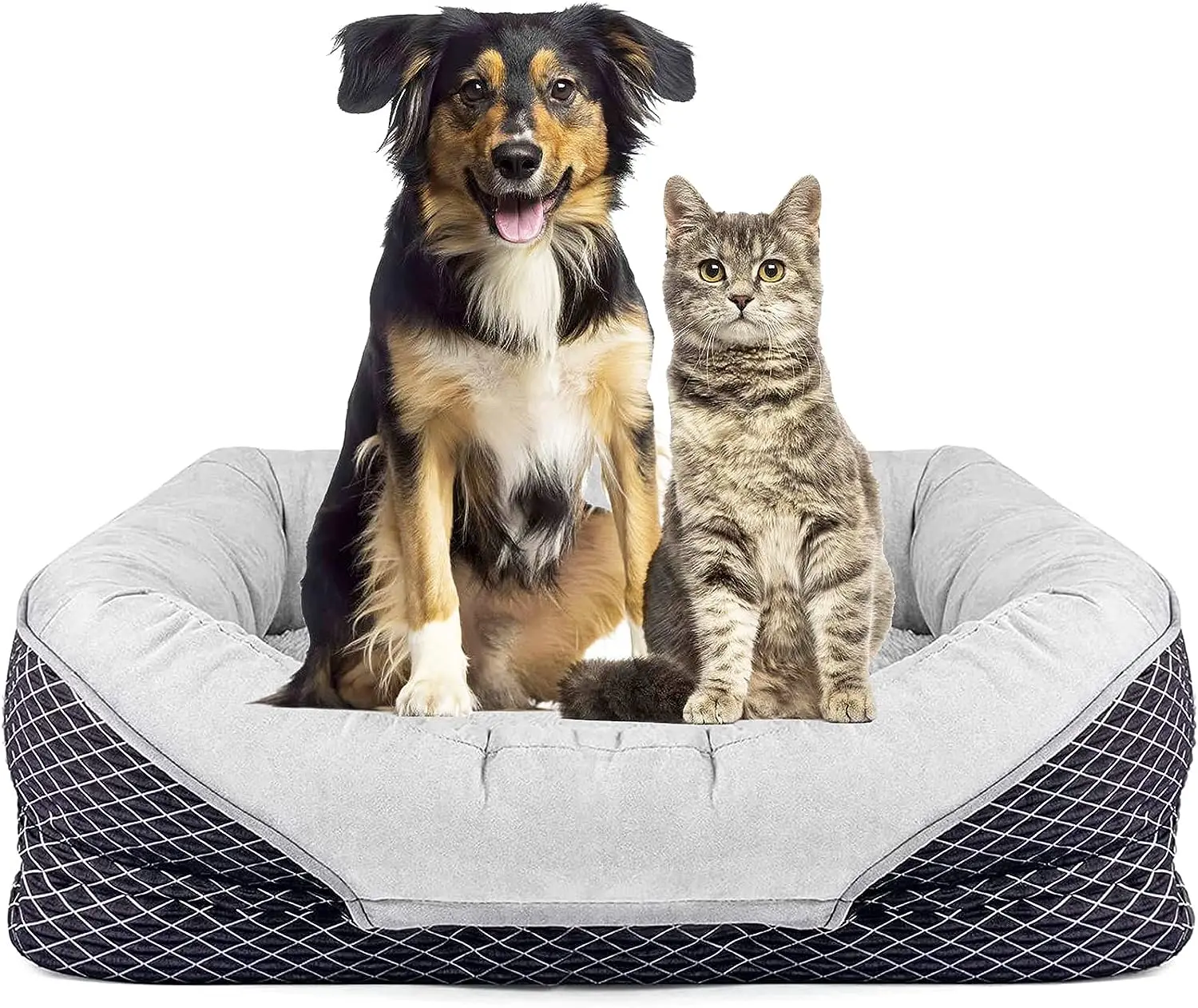 

Большая серая ортопедическая кровать для собак со съемным моющимся покрытием, мягкий хлопковый валик и сверхмягкое плюшевое пространство для сна