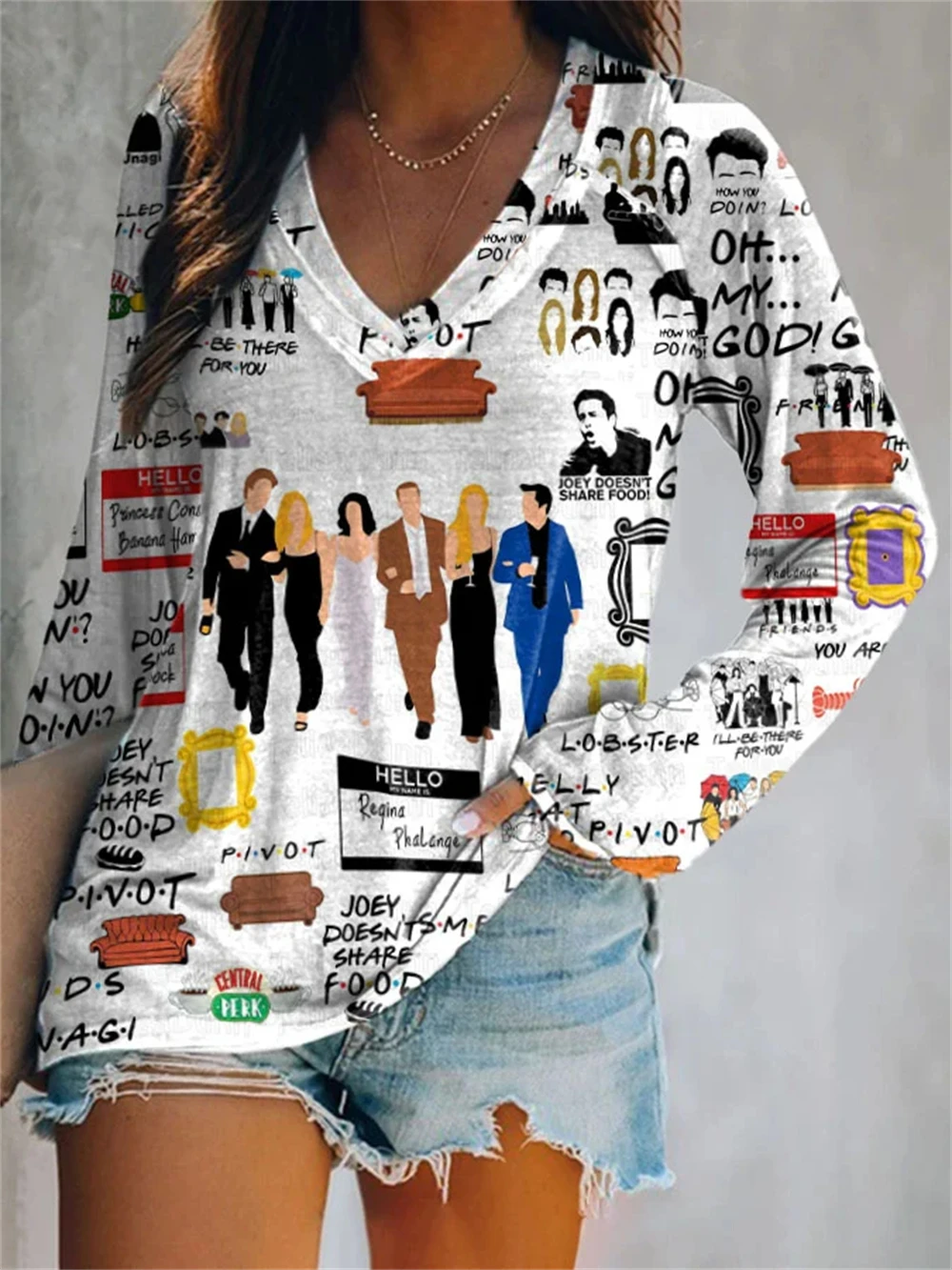   여성용 V-넥 신문 프린트 풀오버 티셔츠 긴 소매 봄 소녀 탑 뉴욕 스트리트 패션 캐주얼 의류 Y2K 