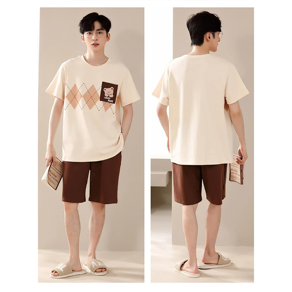 Couple Cartoon Bear Print Sleepwear Women's Summer Cotton Suit Men Casual Short Sleeve Pajama Elastic Shorts Soft Home Clothes