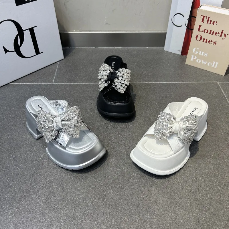 Шлепанцы женские на платформе роскошные сандалии с кристаллами и бантом