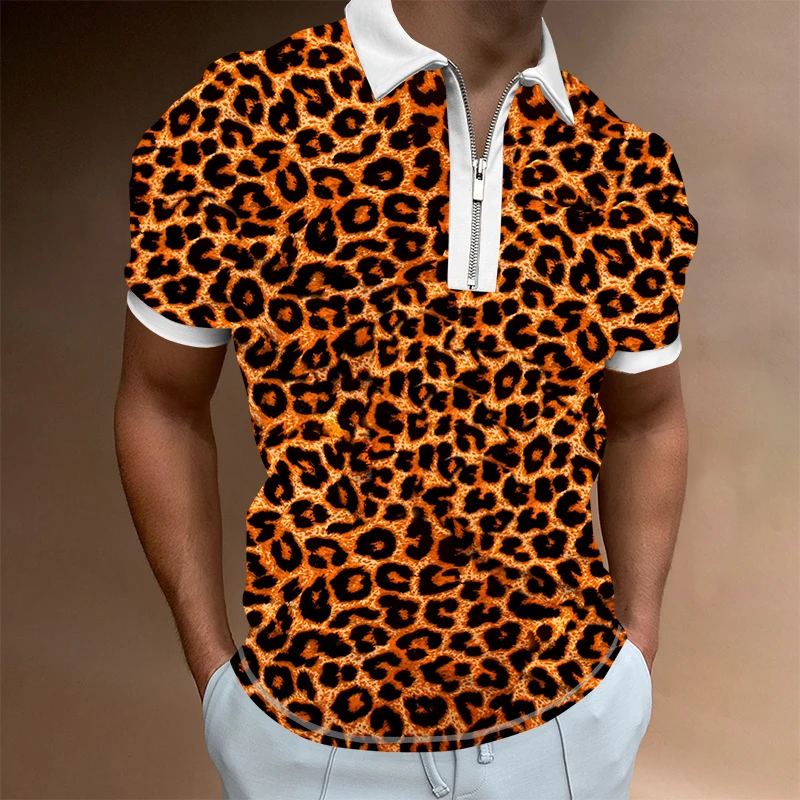 

2022 New polo printing Gold Yellow Leopard Clothing Men Loose Short Sleeve Tops Homme Social Men Club Prom Shirt S-5XL