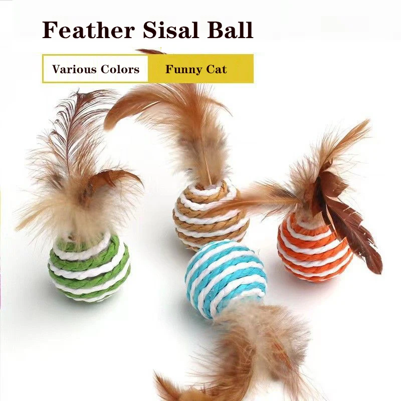 

4pcs Cat Toy Feather Sisal Ball Sound Toy For Molar Chew Stick Pet Accessories Supplies Kitty Training Catcher Random Color Ball