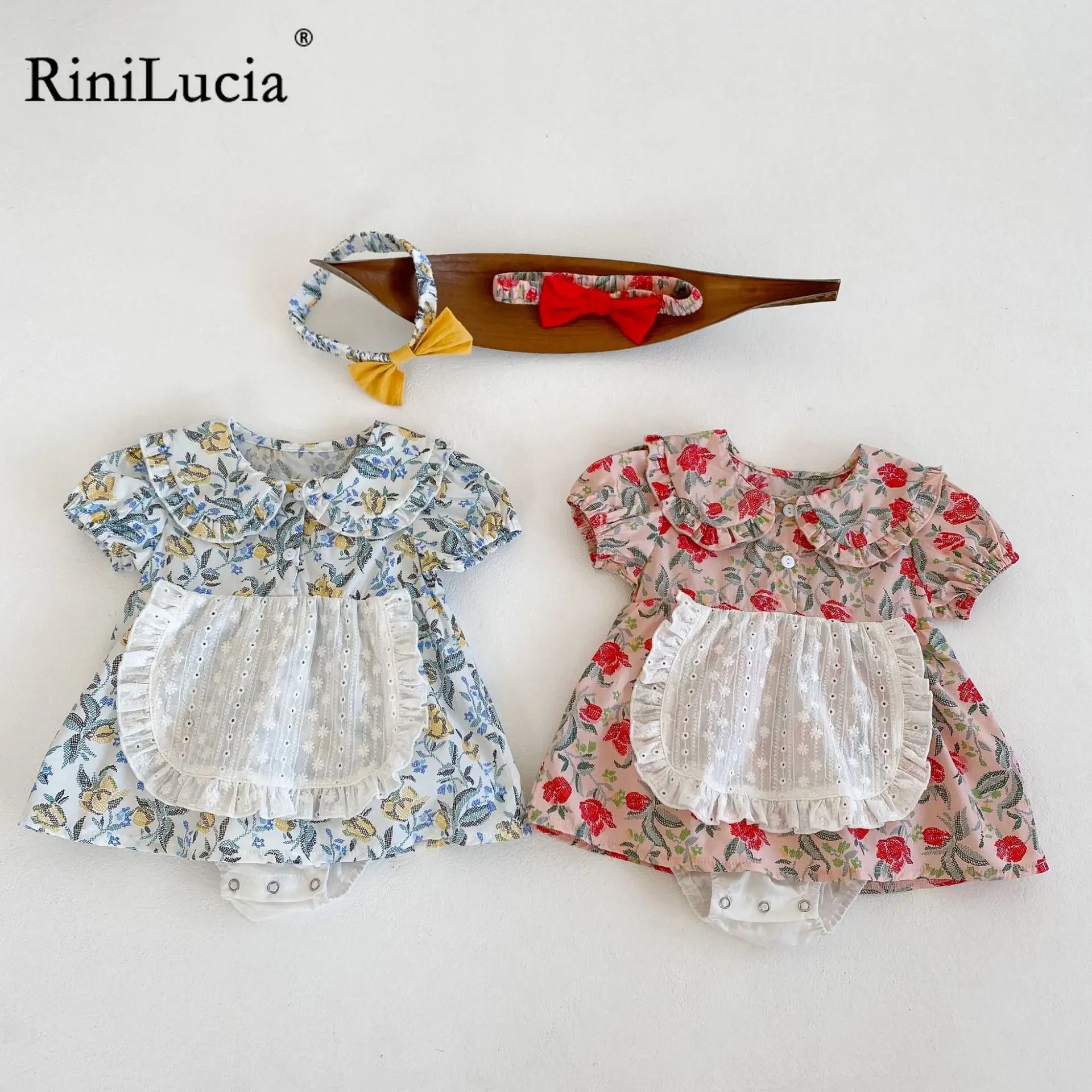 

Baby Girls 2Pcs Summer Outfits Sleeveless Peter Pan Collar Apron Floral Print Strap Romper with Headband Set C01