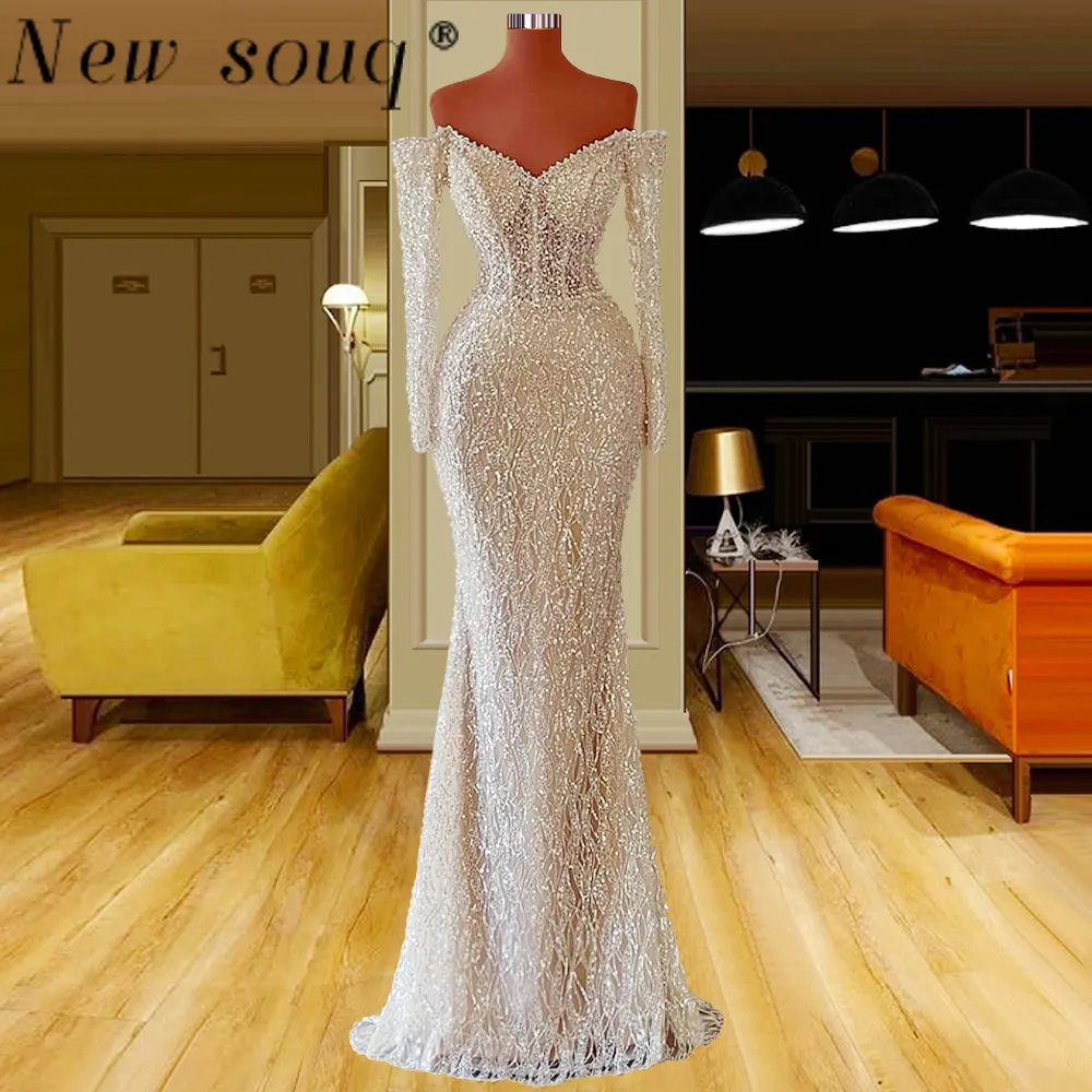 

Блестящее вечернее платье-Русалка с открытыми плечами, элегантные вечерние платья с длинным рукавом, Украшенные бусинами и блестками для свадебной вечеринки, платья знаменитостей
