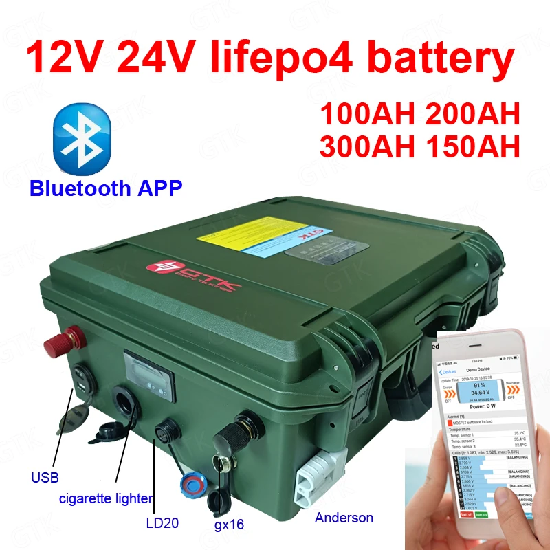 

GTK 12V 200AH 300Ah 24V 100Ah 150AH Lifepo4 lithium battery bluetooth BMS APP 12V Lithium iron phosphate battery + 20A Charger