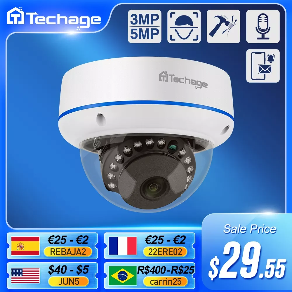 

Techage H.265 1080P 3MP 4MP 5MP Indoor Dome 48V POE IP Camera Audio VandalProof IPC P2P Video CCTV Security Surveillance