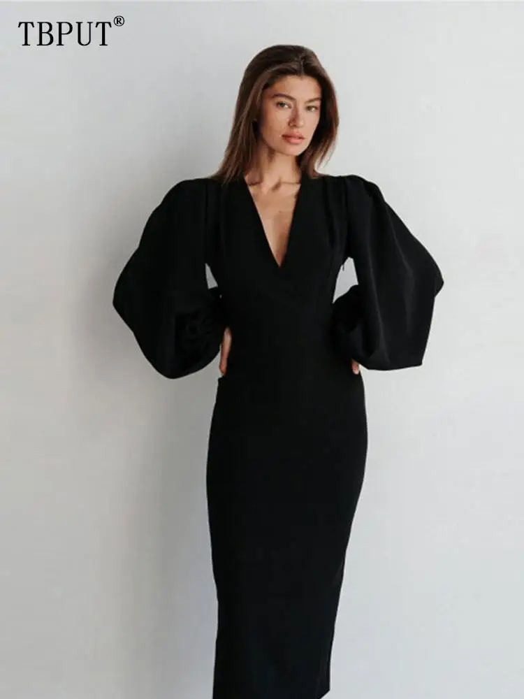 

Elegant Solid Bishop Sleeve Midi Dress Women Fashion Slim V Neck Long Sleeves Robe Female 2023 Spring Office Lady Black Dresses