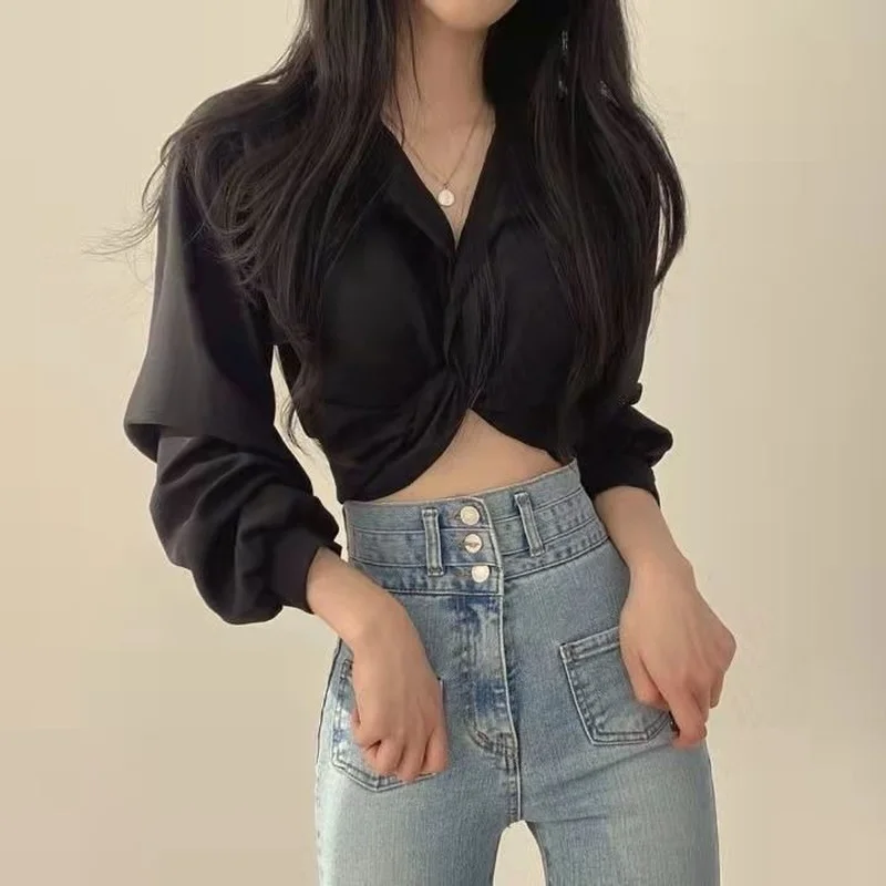

Корейский тренд, черно-белая рубашка с длинным рукавом, женская уличная рубашка, сексуальная женская рубашка в стиле Харадзюку, укороченные...