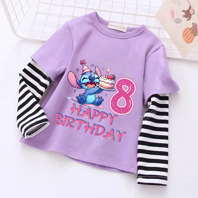 Lilo Stitch Splicing Stripe T Shirt Long Sleeve Girl Birthday Number Tees Cute Cartoon Kids Clothes Autumn Purple Children Tops