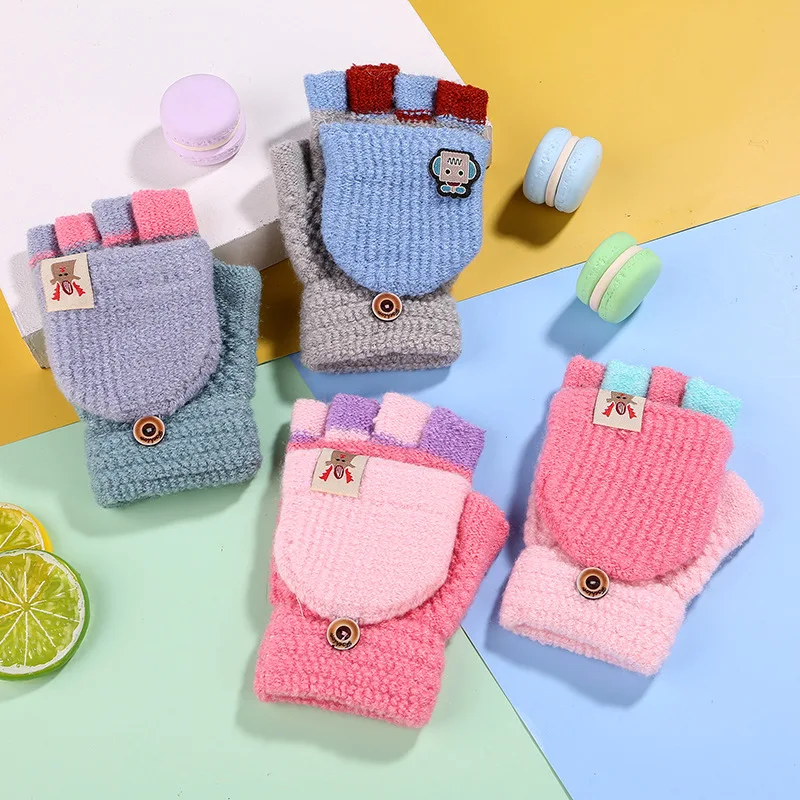 

Kids Girls Warm Gloves Winter New Cartoon Baby Mittens Knitted Thick Baby Boys Full Finger Flip Gloves