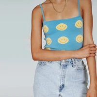 2021 summer clothes for women smile print baby blue knit camis cute e girls 2000s aesthetic crop tank top fashion sweet y2k tops