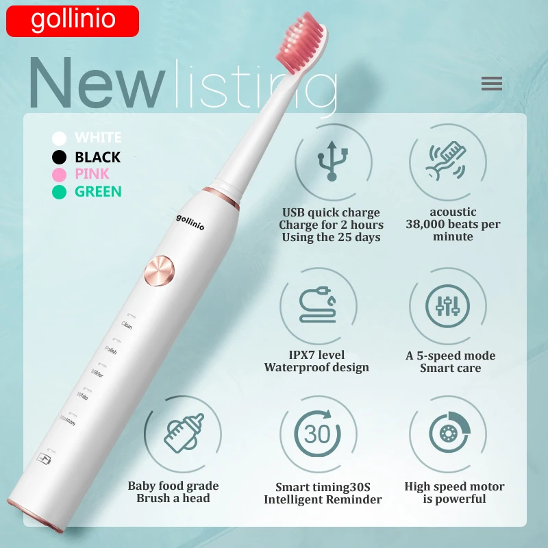 

gollinio sonic Electric Toothbrush usb fast charging GL41D electr toothbrush Rechargeable Tooth Brush Replacement Head
