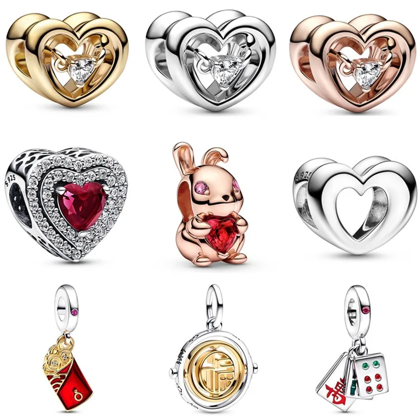 

Original Radiant Heart Mahjong Triple Two-tone Envelope Fu Spinning Charm Fit Pandora 925 Sterling Silver Bracelet Jewelry
