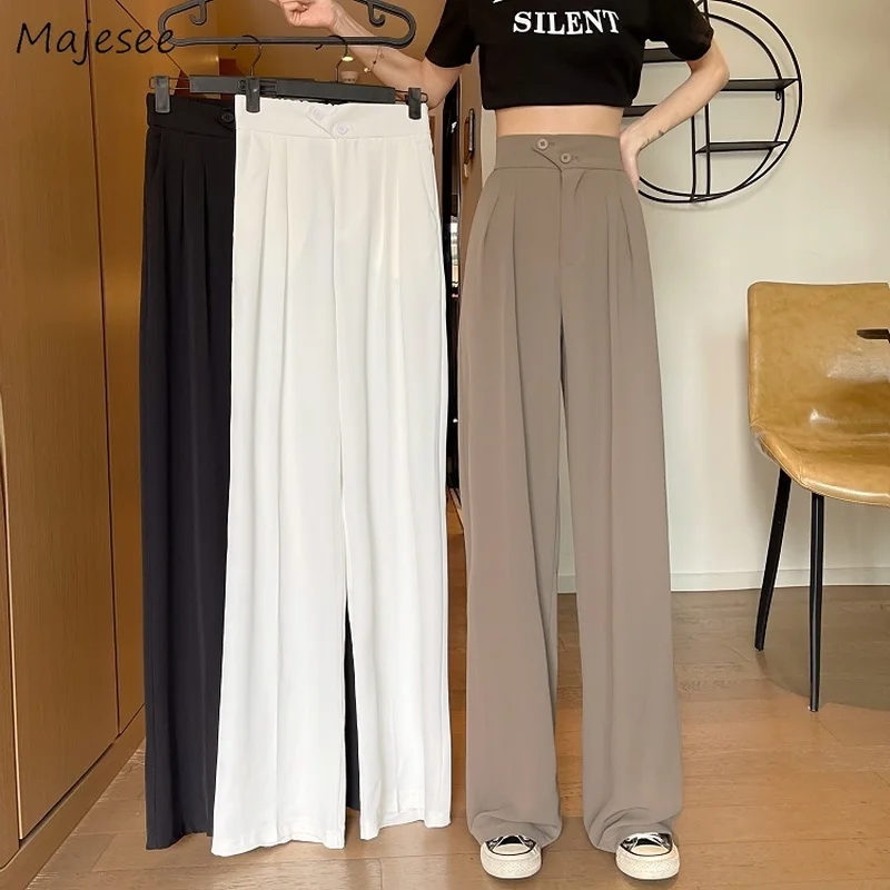 

Pants Women Solid Elegant All-match Korean Style Wide-leg Leisure Button Basic Ins Popular Office Lady Spring Cozy Chic Trendy