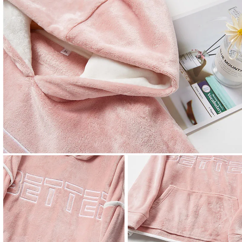 2021 New Hooded Flannel Men's Pajama Pants 2 Pieces/Set Winter Thick Warm Sleepwear For Couples Casual Loose Home Costumes Set