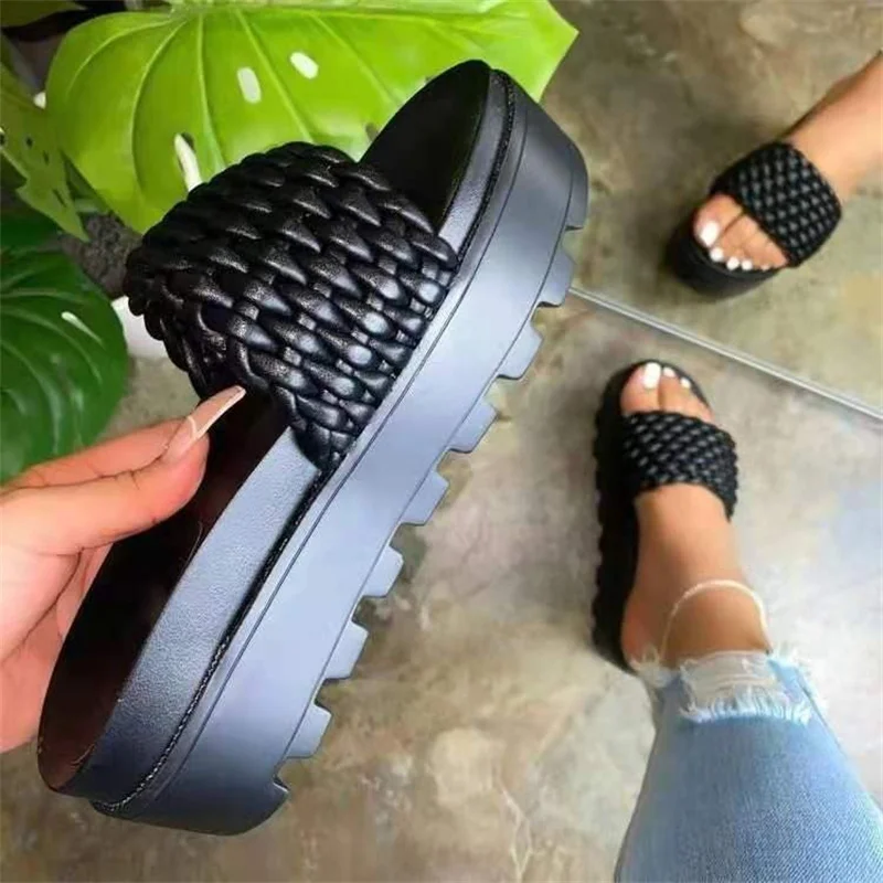 2023  Spring/summer New Women's High-heeled PU Sponge Cake Sole Rubber Super Thick-soled Slippers Woven Pattern Female Sandals