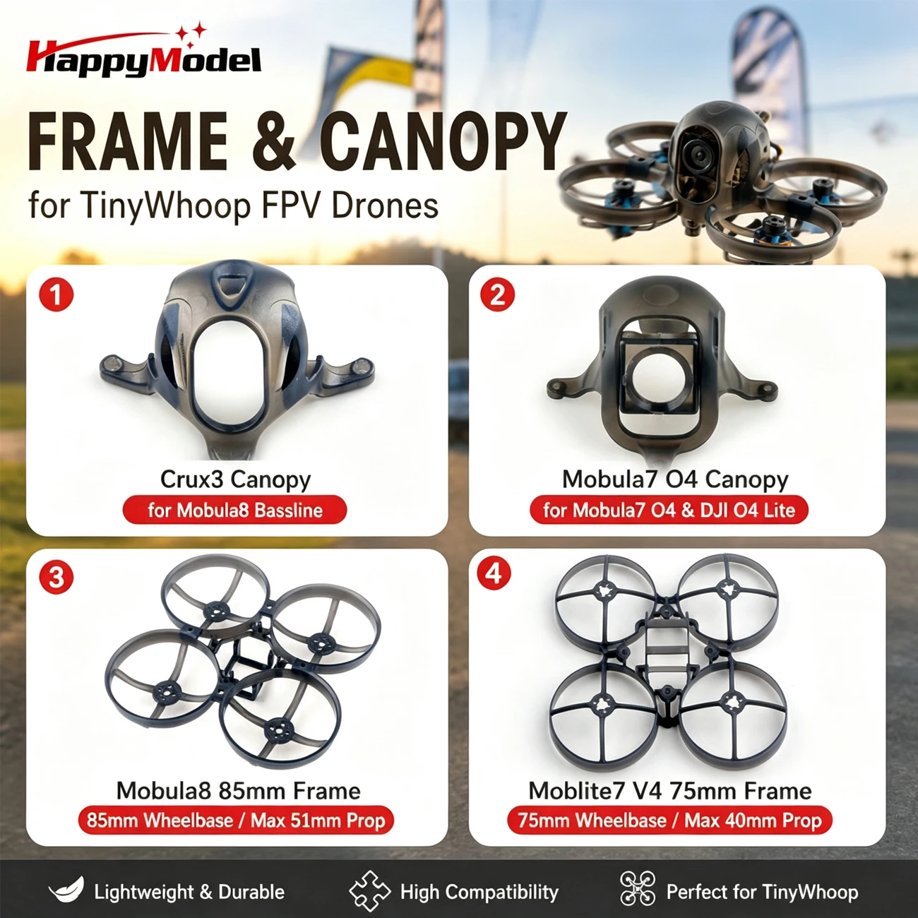 Фото Официальный комплект для модернизации Happymodel для Crux3/Mobula8/Moblite7, регулируемый купол для Caddx Ant и DJI O4 Lite 75 мм/85 мм Whoop. №1