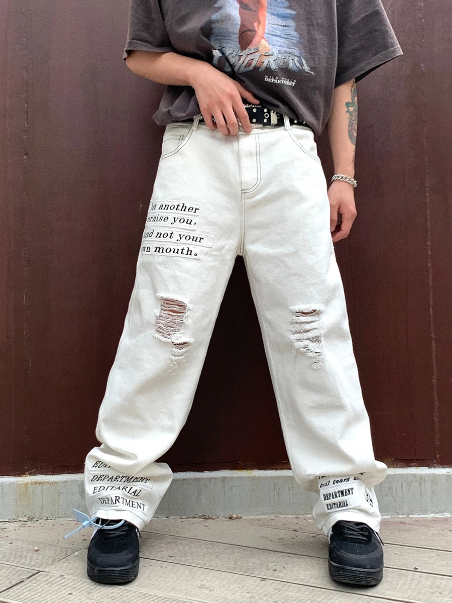 Four Seasons Men's Jeans High Street Trend Harajuku Letter Embroidery Patches Straight Wide Leg Fashion Street Men Ins Hot Sale
