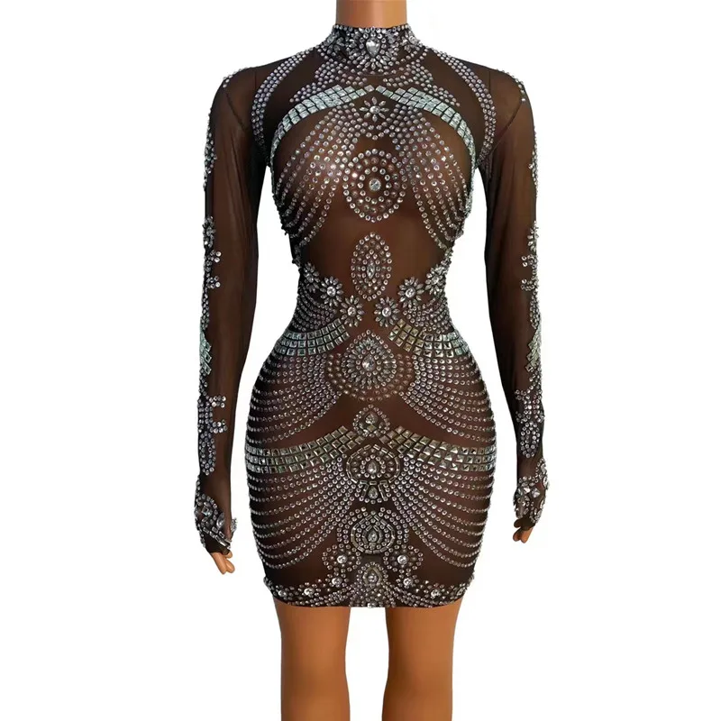 

Сетчатое блестящее Стразы с яркими кристаллами, женское сексуальное прозрачное сценическое платье певицы, костюм для вечеринки, дня рождения, выпускного вечера