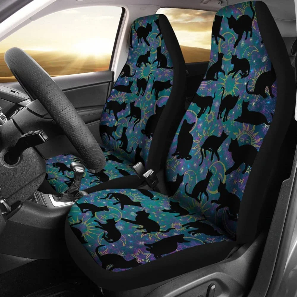 

Teal Celestial Stars Moons Suns With Black Cats Silhouettes Car Seat Covers,Pack of 2 Universal Front Seat Protective Cover