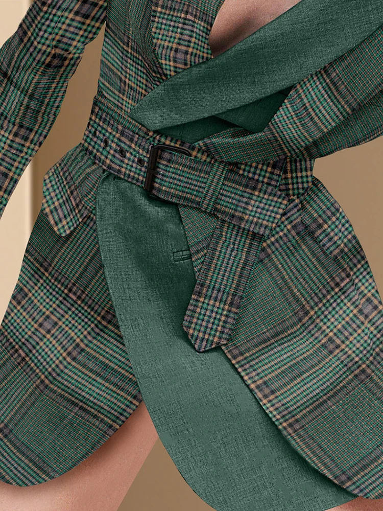 \New Fashion Plaid Long Blazer Women's Spring Jacket Coat Sashes Patchwork Loose Blazers Ladies Autumn Casual Blazer Office Lady