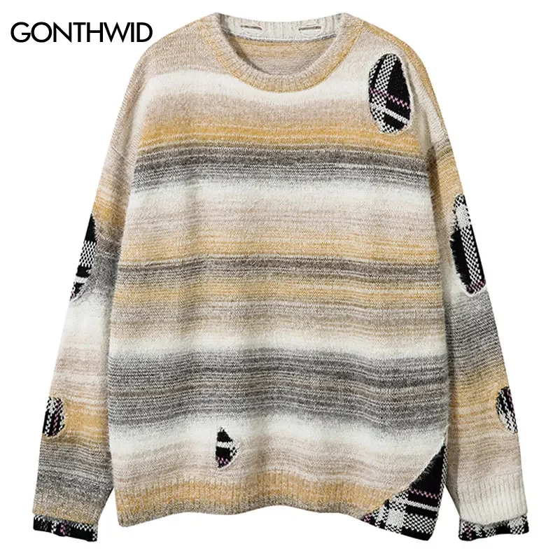 Мужские винтажные свитера в стиле гранж Y2K вязаный Радужный джемпер с рваными