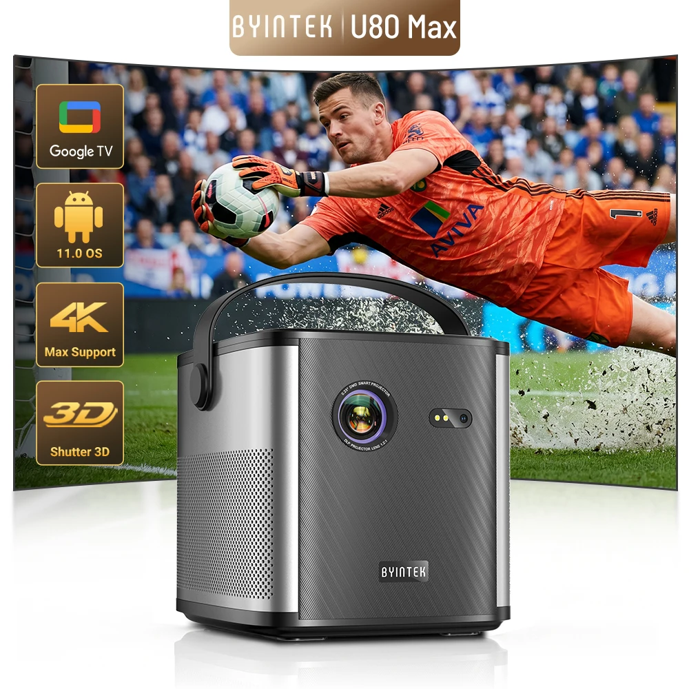 Фото Проектор BYINTEK U80 Max 500ANSI DLP с Google TV 11, технологией TOF Focus 3D, двухдиапазонным Wi-Fi, Bluetooth 5.0, встроенным аккумулятором, для домашнего кинотеатра №1