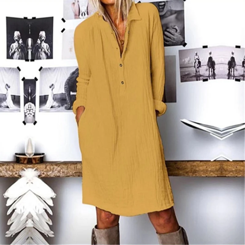 

Casual Plus Size Women Dresses Solid Long Sleeve V Neck Button Dress For Women New Summer 2021 White Dress
