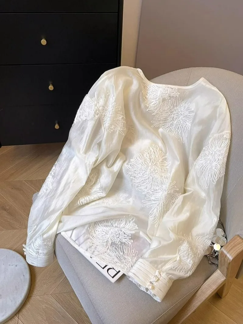 Шифоновые женские блузки в китайском стиле летние рубашки с вышивкой и круглым