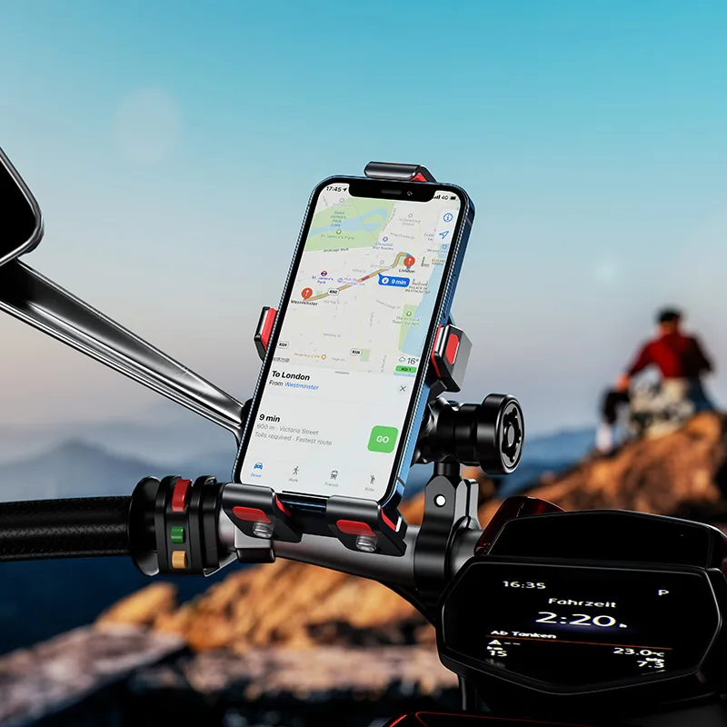 Ceny Aluminum Alloy Motorcycle Phone Mount With Qi 15W Wireless Charger Vibration Dampener One-Push Automatically Handlebar Holder