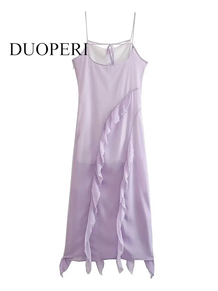 

Платье-миди с оборками и молнией сбоку, на тонких бретельках