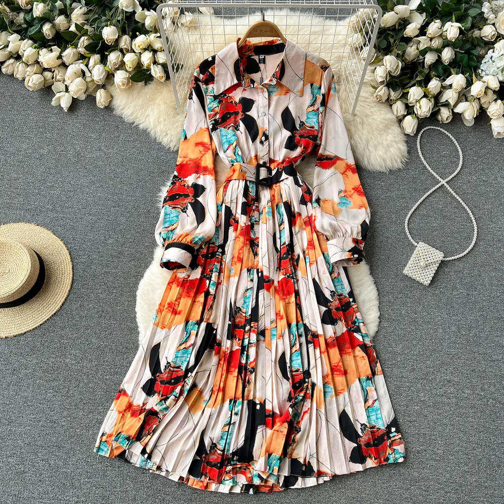 

Aibeautyer New Vintage Spring Autumn Floral Print Button Slim Lady Full Dress A Line Turndown Collar Chiffon Women Dresses