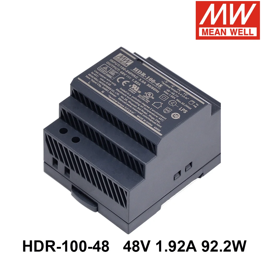 

MEAN WELL HDR-100-48 85-264V AC TO DC 48V 1.92A 92.2W Single Output DIN Rail Switching Power Supply Meanwell HDR-100 Solid SMPS