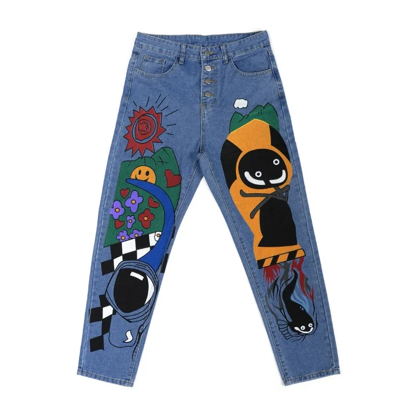 Ladies Cartoon Print Jeans 2023 Fashion Harem Pants Single Breasted Large Size Casual Loose Women Pants High Waist Jeans Women