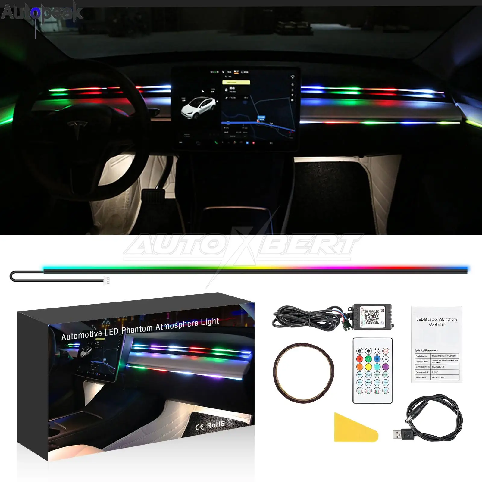 

Светодиодная полоса освещения салона автомобиля Dreamcolor акриловое окружающее освещение беспроводное приложение RC Синхронизация с музыкой RGB W неоновые фотообои 43,31 дюймов