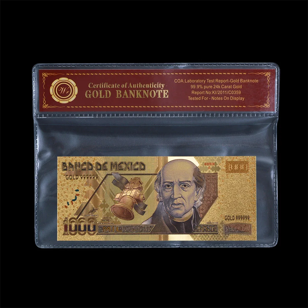 

Mexico Gold Plated Banknote 1000 with Frame Commemorative Banknotes Collectible Souvenir Bank Note Business Gift Home Decor