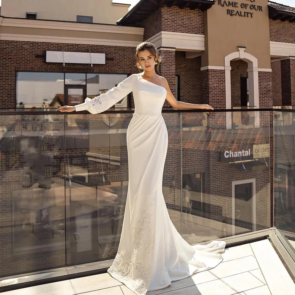 

SimpleWedding Dresses For Women One Shoulder Zipper Back Bride Gowns Lace Appliques Jersey Trumpet Sweep Train Vestido De Noiva