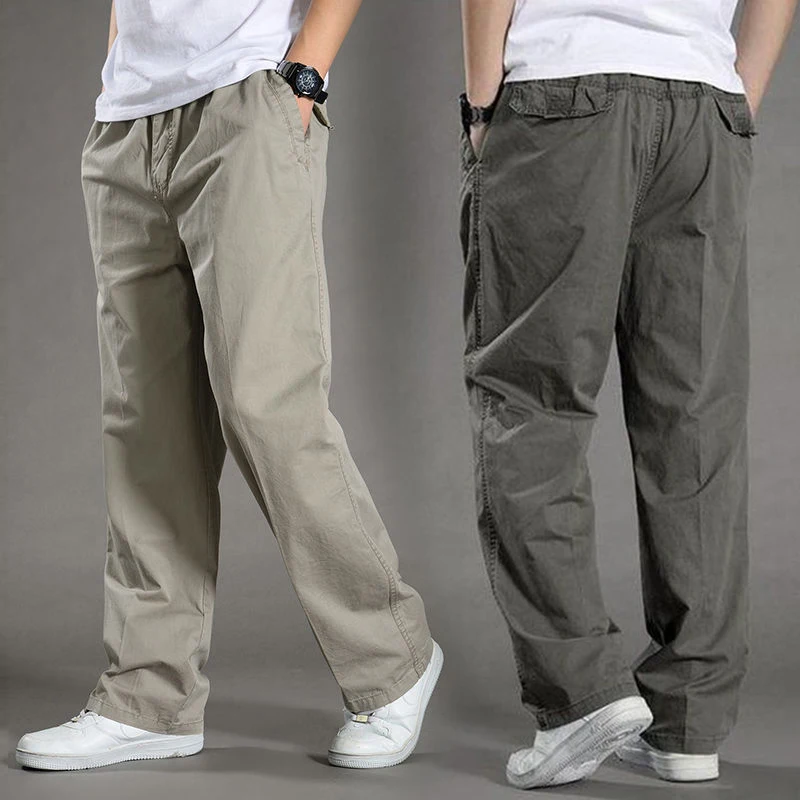 2022 Mens casual Cargo Cotton pants men pocket loose Straight Pant Elastic Work Trousers Brand Fit Joggers Male Super Large Size