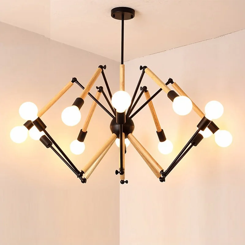 Wood Spider Pendant Lights Hanging Modern Lamp Light Adjustable Nordic Loft Living Room Loft Kitchen Lamp With LED Bulbs